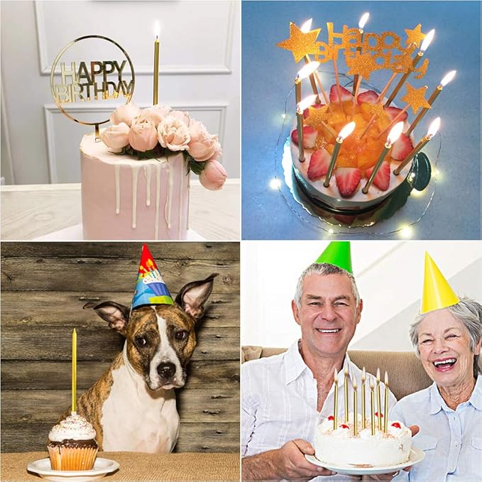 12 Count Long Thin Champagne Gold Birthday Cake Candles in Holders for Birthday Wedding Party Cupcake Decorations Tall Candle Pieces