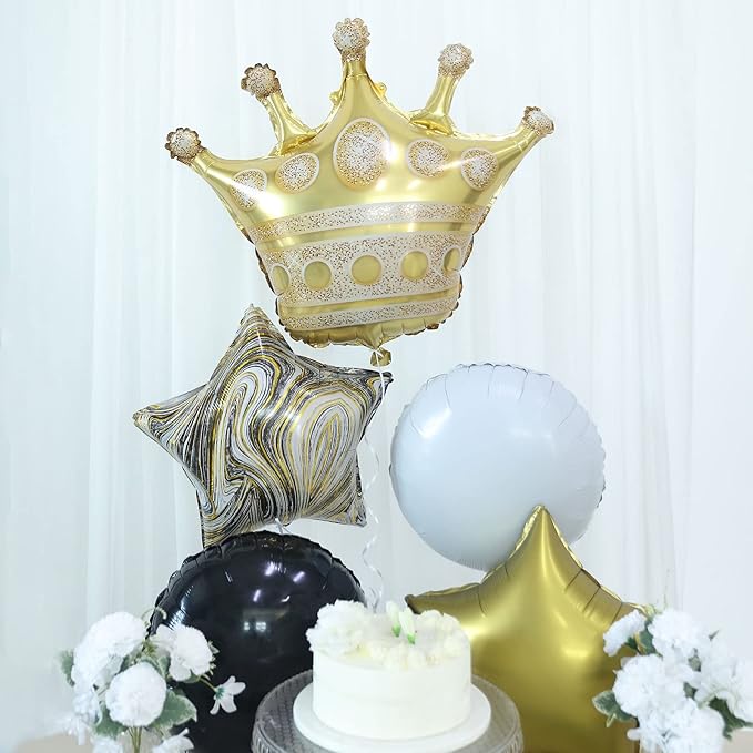 Tableclothsfactory Set of 6 | Gold/Black Marble Mylar Foil Party Balloon Set, Star, Round and Crown Balloon Bouquet with Ribbon, Party Decorations
