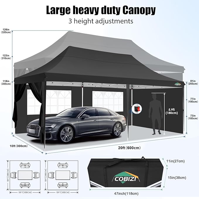 COBIZI 10x20 Pop Up Canopy with 6 Sidewall, Commercial Canopy UPF 50+ Waterproof Outdoor Gazebo with Carry Bag, Tents for Parties with Upgrade Frame, 3 Height Adjustable, Black