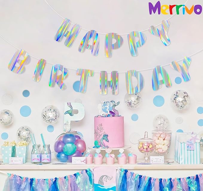 Iridescent Happy Birthday Banner, Pre-Strung Holographic Birthday Decorations Vibrant Party Sign with Aurora, Rainbow Effects