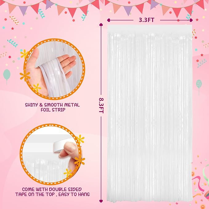 White Metallic Tinsel Foil Fringe Curtains Backdrop 2Pack 3.3x8.3Ft White Party Streamers for Birthday Party Decorations Halloween Christmas Decors Foil Curtain Backdrop for Bachelorette Wedding
