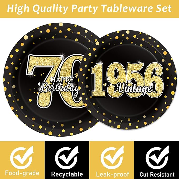 96PCS 70th Theme Birthday Party Tableware Vintage 1956 Party Supplies 70 Year Old Birthday Decorations Plates Napkins Forks Black and Gold Dinnerware Favors for Men or Women