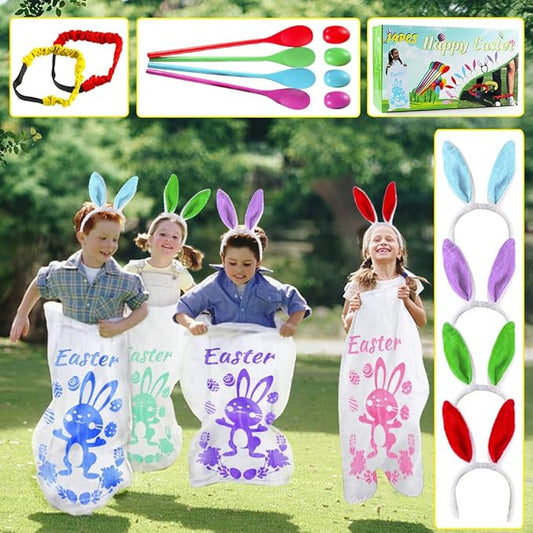 18PACK Easter Party Games for Kids, Easter Potato Sack Race Bags,Bunny Ears Headbands, Egg and Spoon Race Games,Legged Relay Race Bands,Easter Outdoor Games for Easter Eggs Hunt,Easter Party Supplies