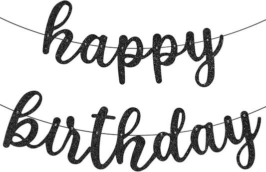 Glitter Happy Birthday Banner Sign Wall Door Banners for Women Men Boys Girls Birthday Party Backdrop Garland Decorations, Personalized Letters Name Banners Connected Black