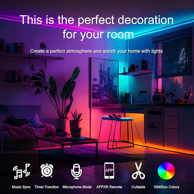 100 FT LED Lights For Bedroom，With 44 Key Infrared Remote Control And Bluetooth Application Smart LED Strip Lights, Music Synchronous Color Changing Light Strip, Used For Room Kitchen Party Decoration