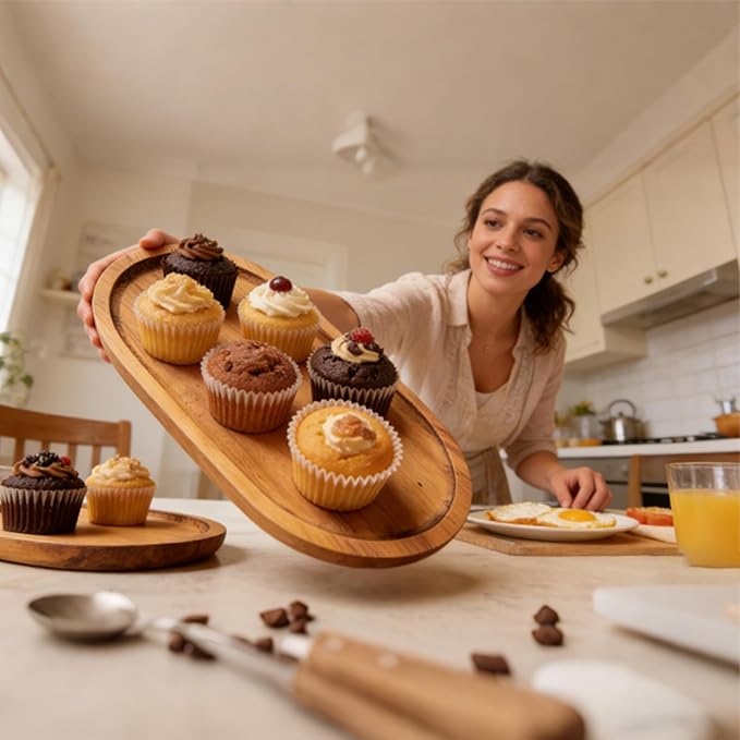 Acacia Wood Tray Set of 12, Oval Wood Serving Board Bulk, Small Charcuterie Boards, Wooden Serving Platters for Cheese Bread Fruit Dessert Tea, Kitchen Dining Catering Trays (10 x 5 x 0.59 Inch)