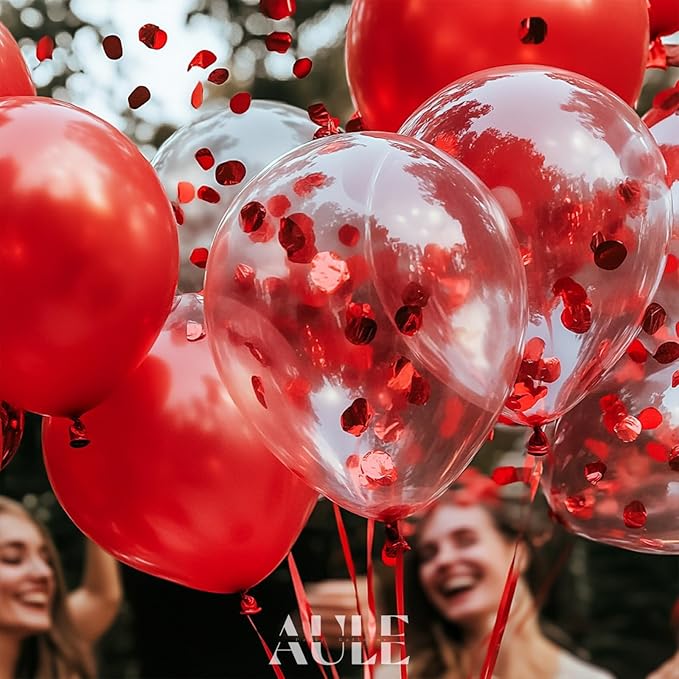 AULE Party Balloons Pack of 42-12in Red Confetti Balloons & Red Latex Balloons and 64ft Ribbons - 12 Inches Balloons Decorations Set