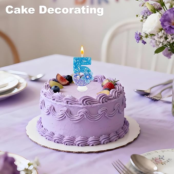 Blue Purple Flower Birthday Number Candles, Flower Theme Party Decorations, Cupcake Decorations, Suitable for Party Celebrations, Boys and Girls Birthday Decorations（5）
