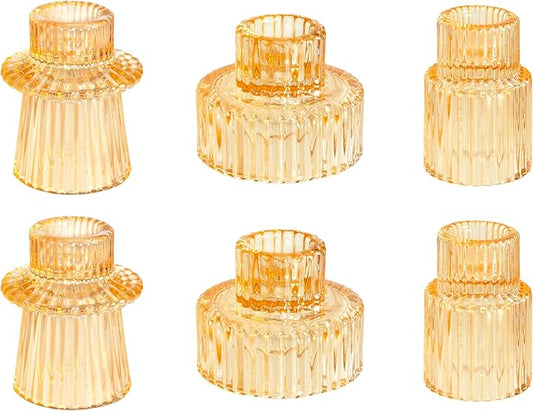 WELLIFE 6 Pcs Gold Glass Candle Holder, Taper Candle Holder, Gold Candlestick Holders for Party, Wedding Decorations, Table Centerpieces and Thanksgiving