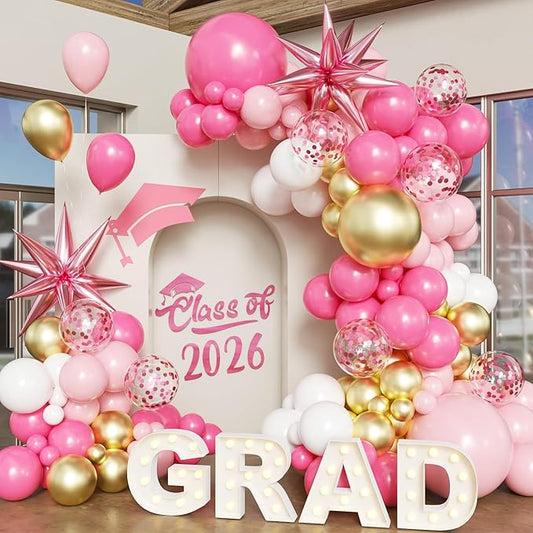 Pink Gold White Balloon Arch Kit Graduation Decorations 2026, 130Pcs Pink Gold Balloons and Foil Star Balloon with Confetti Ribbons Grad Party Decorations for College High School Class of 2026