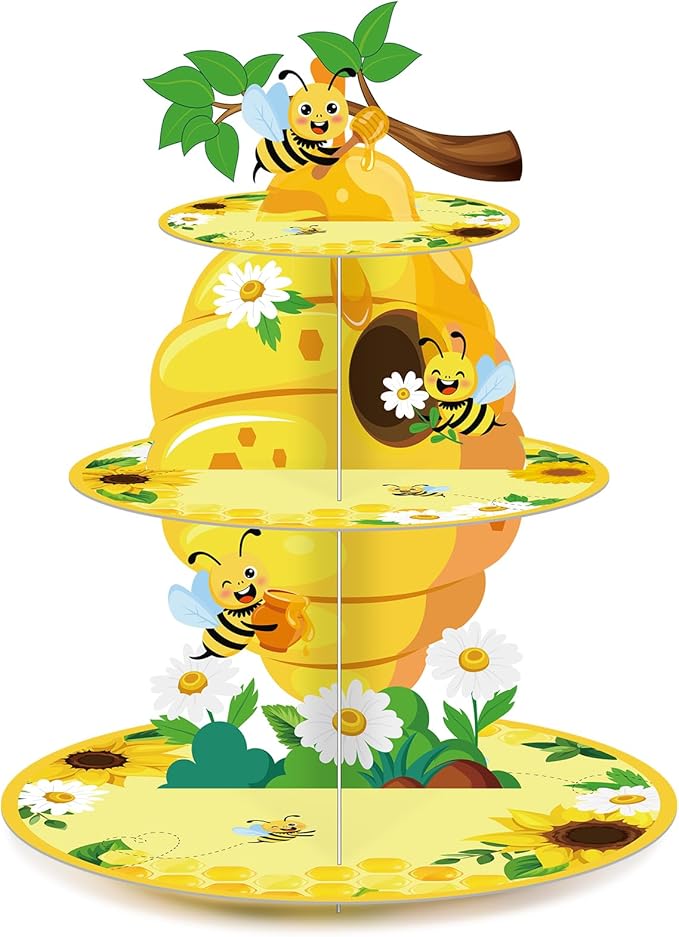 Zopeal 3 Tier Bee Cupcake Stand Party Decorations Sunflower Cupcake Holder Bee Day Themed Cake Holder Stand Yellow Round Summer Dessert Tower for Kids Birthday Baby Shower Party Supplies