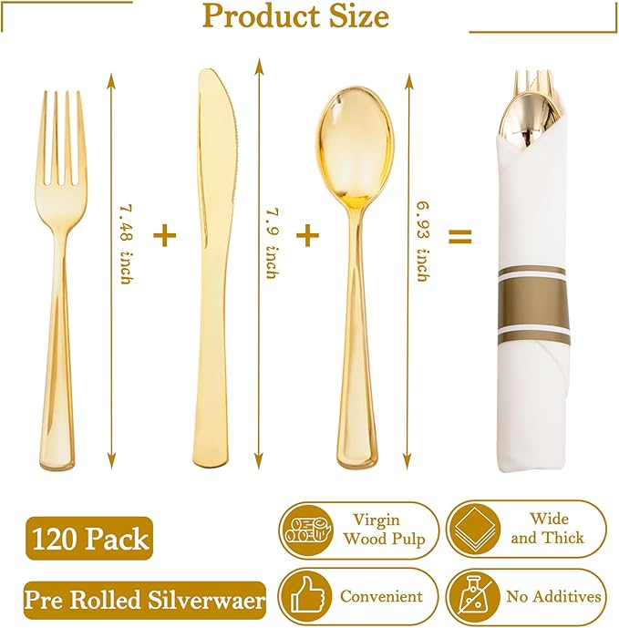 Supernal 120Pack Gold Plastic Silverware Wrapped Plastic Cutlery Set with Napkin,Pre Rolled Napkins with Cutlery Set,Rolled Silverware Disposable For Valentine's Day Mother's Day and Easter