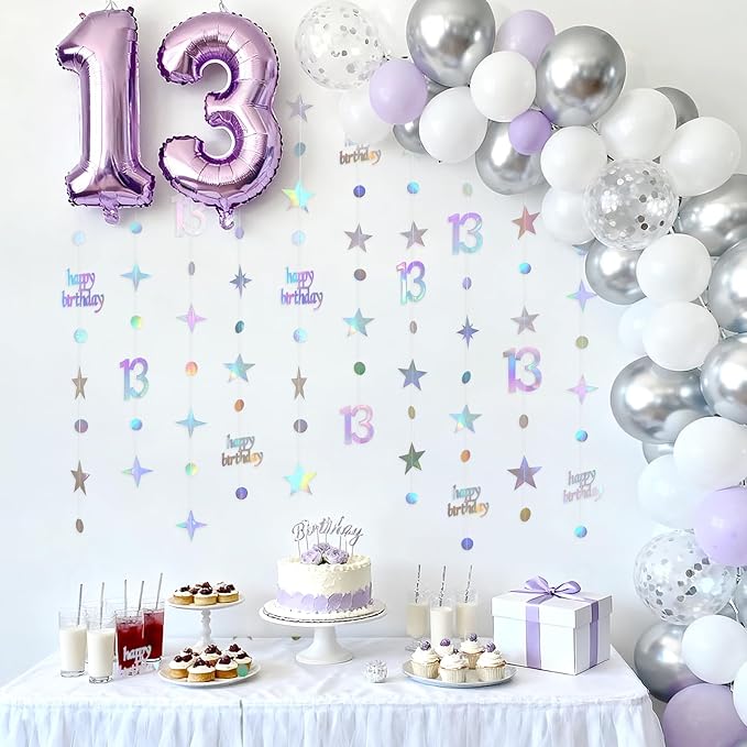 GCQQ 13th Birthday Hanging Decorations - 4 Packs Iridescent Happy 13th Birthday Banner 13 Year Old Circle Dot Twinkle Star Garland 46FT Thirteen Metallic Streamer Backdrop for Girl Boy Birth Day Party