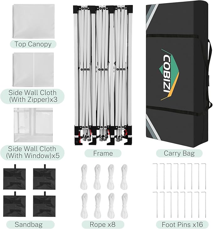 COBIZI 10x30 Pop up Canopy Tent for Parties with 8 Removable Sidewalls, Waterproof UPF 50+ Commercial Event Tent, Protable Outdoor Canopy with 4 Sandbags for Wedding, Backyard(10x30FT, White)