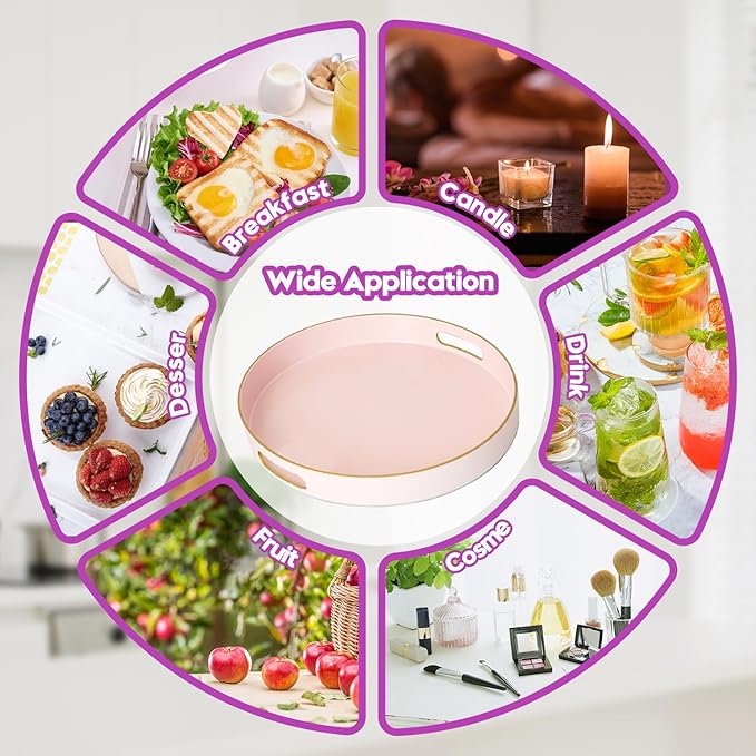 Gifturbo Matte Pink Decorative Serving Tray,Round Serving Trays with Handles, Coffee Table Tray Ottoman Round Plastic Trays for Living Room, Bathroom