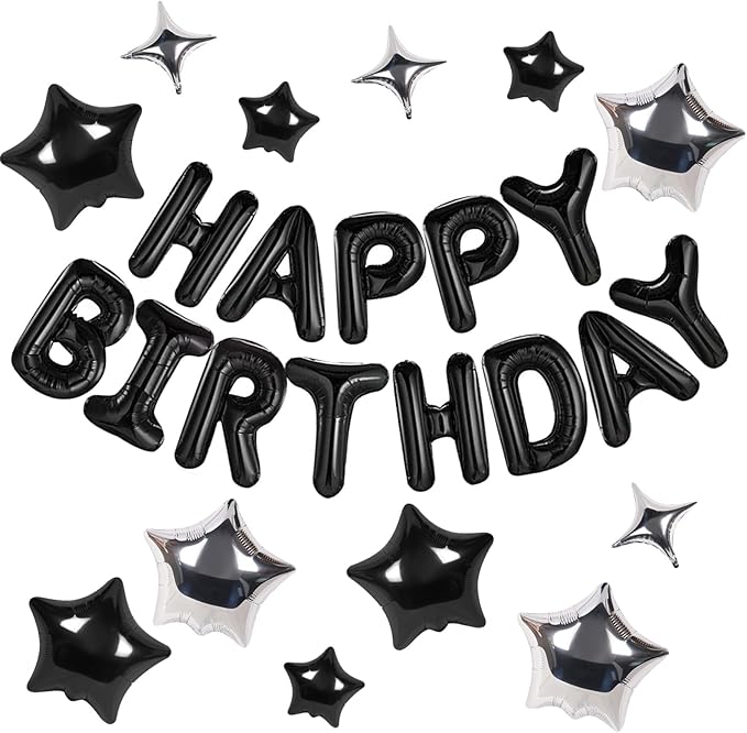 CANREVEL Happy Birthday Banner 13pcs 16 Inch Mylar Foil Letters with 12pcs Star Balloons Birthday Party Decorations - 3D Black