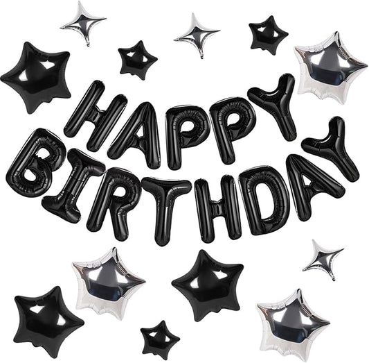 CANREVEL Happy Birthday Banner 13pcs 16 Inch Mylar Foil Letters with 12pcs Star Balloons Birthday Party Decorations - 3D Black
