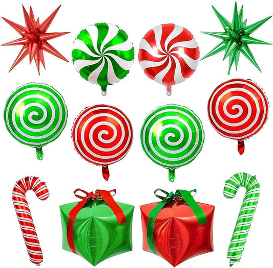 Pensar 12Pcs Christmas Foil Balloons Set, Candy Cane Swirl Mylar Balloons and Big Gift Boxes Spike Star Balloon for Xmas Candies Theme Decor Supplies