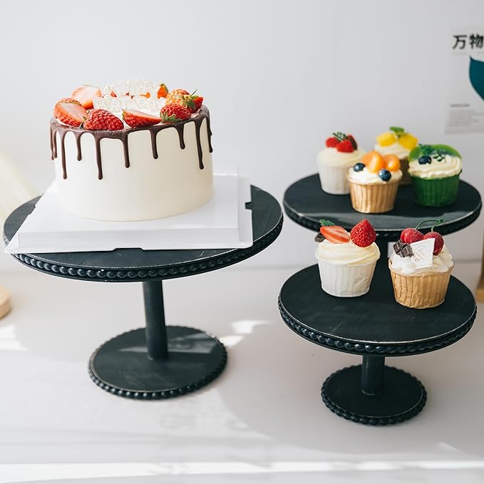 GENMOUS 8", 10", 12" Rustic Farmhouse Cake Stand, Decorative Wooden Beaded Cake and Cupcake Stand Combo for Birthday Party Decor, 3 Tiered Dessert Table Display Set for Wedding, Baby Shower, Black