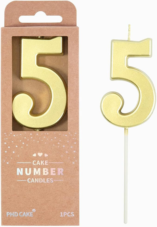 PHD CAKE 2.76 Inch Modern Gold 5 Number Birthday Candles, Gold Number Candles, Cake Number Candles, Party Celebration