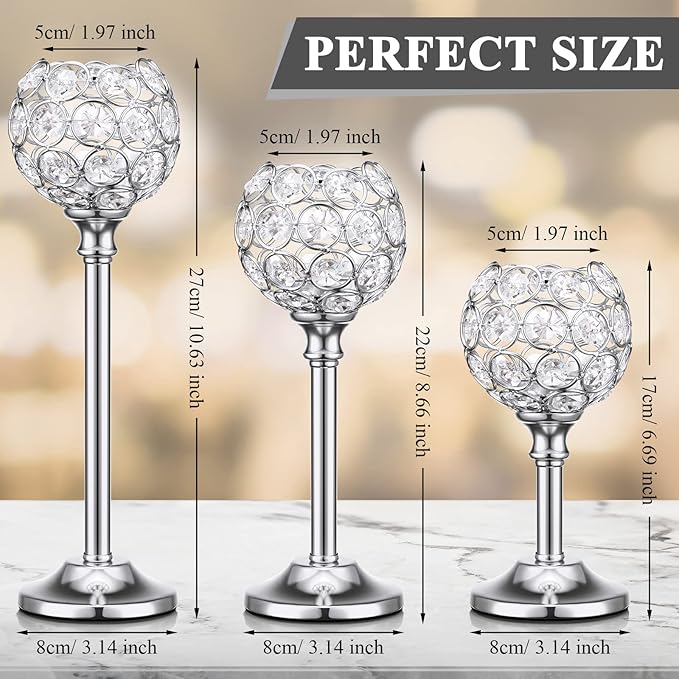 Mimorou 12 Pack Crystal Candle Holders Gold or Silver Candle Holders Bulk Tealight Candlestick Crystal Candelabras for Wedding Party Valentine Christmas Dining Table Centerpieces Decoration (Silver)