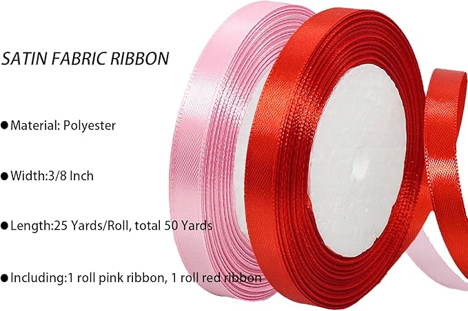 2 Rolls Red Pink Ribbon, 3/8 Inch x 50 Yards Satin Pink Red Fabric Ribbon for Flower Bouquets, Gift Wrapping, DIY Crafts, Birthday Cakes, Holiday, Wedding Party and Mother’s Day Decorations