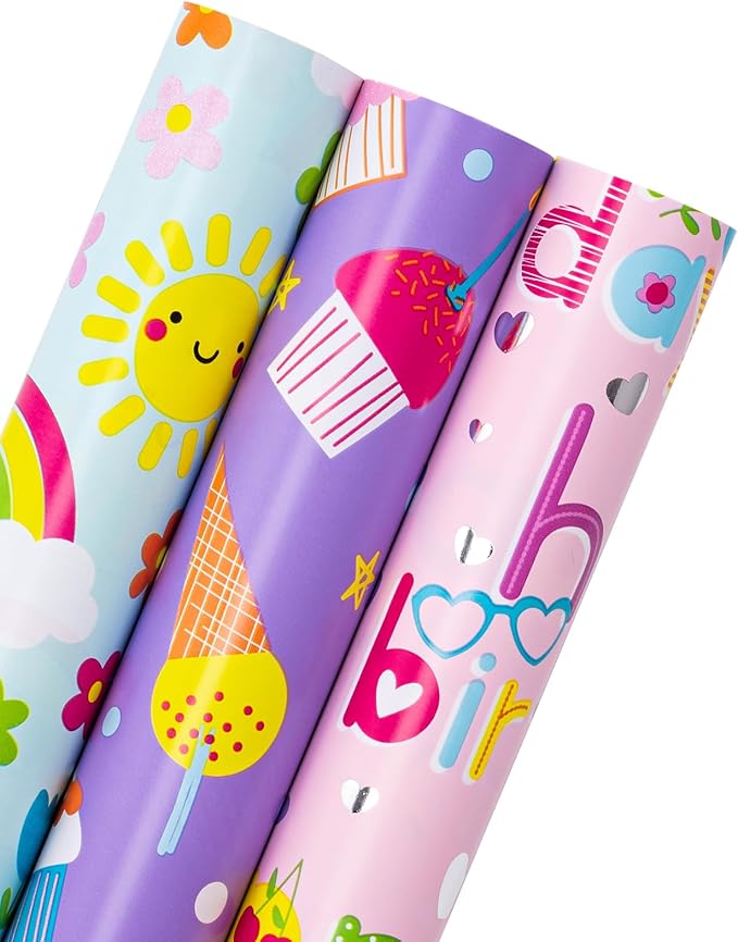 WRAPAHOLIC Girls Birthday Wrapping Paper Roll - 3 Short Rolls - 17 inch x 120 inch Per roll - Fantacy Pink and Purple Wrapping Paper for Kids Girls Birthday, Baby Shower