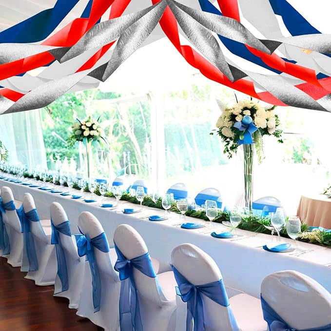 PheiLa Crepe Paper Streamers 4 Rolls 328ft, Red White Blue Silver Paper Party Streamers Patriotic Decorations for 4th of July Independence Day Memorial Day Birthday Wedding Party Decoration