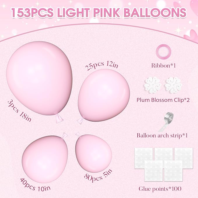 Amandir 153pcs Pink Balloons Arch Garland Kit, Different Sizes 18 12 10 5 Inch Latex Pastel Pale Light Pink Balloon for Princess Birthday Bridal Wedding Gender Reveal Mothers Day Party Decorations