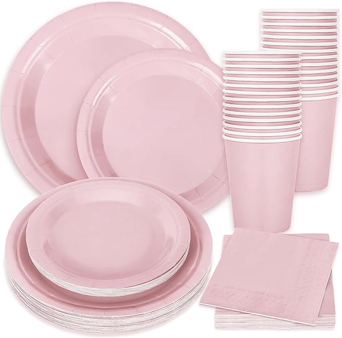 Whaline 100Pcs Dusty Pink Tableware Set Disposable Dinnerware Set 50Pcs Paper Plates 25Pcs Napkin 25Pcs Cups for Wedding Birthday Bride Shower Party Table Decor