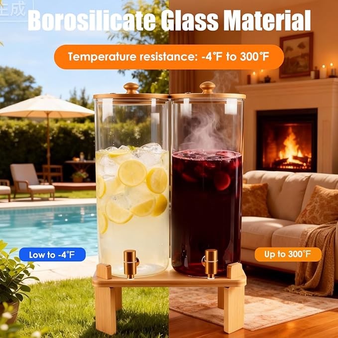 2 Gallon 2 Pack large Glass Drink dispenser for parties,Beverage Dispenser With Wood Stand,Water Dispensers with spigot,lemonade dispenser,juice containers & water pitcher with lid