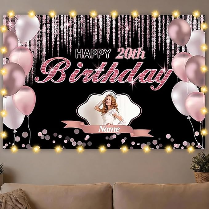 Custom Rose Gold Happy Birthday Banner, Personalized Pink Birthday Banner for Women
