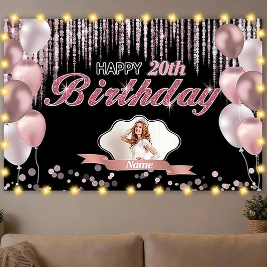 Custom Rose Gold Happy Birthday Banner, Personalized Pink Birthday Banner for Women