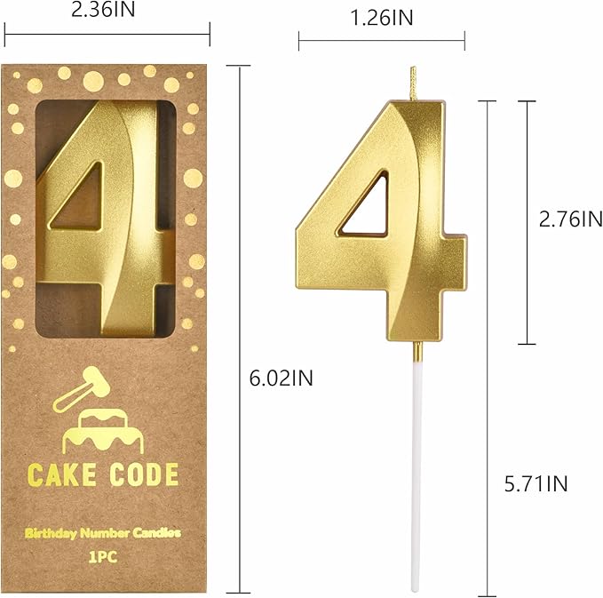 2.76 Inch Diamond Gold 4 Number Birthday Candles, Gold and Cake Number Candles for Party Celebration