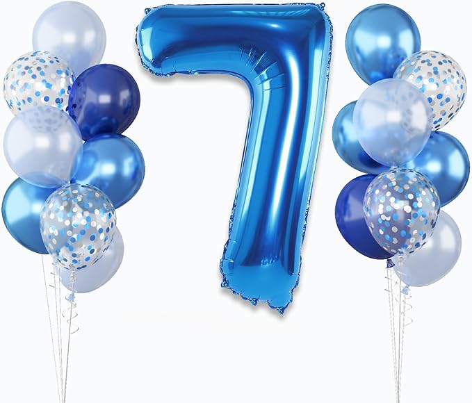 7 Balloon Number Dark Blue, Big Number 7 Mylar Balloon Pastel Navy Blue with Metallic Silver Confetti Balloon for Boys 7th Birthday, Foil 40'' Self Inflating Balloon 7 for Anniversary Party Decoration