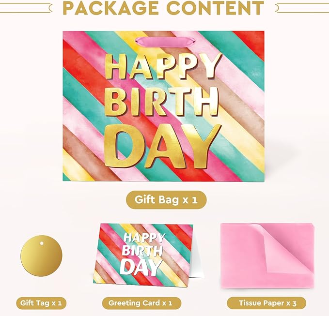 BGTCARDS Birthday Gift Bag with Tissue Paper and Card, Happy Birthday Gift Bags for Party, Reusable Gift Bag for Presents with Handles - 13”x 10”x 5”, 1PCS