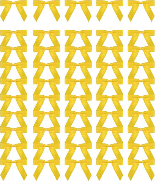 Meseey 100 Pcs 1.5 Inches Premade Craft Bows Self Adhesive Yellow Satin Ribbon Bows for Treat Bags Gift Wrapping Basket Wedding Baby Shower Brithday Party(Yellow)