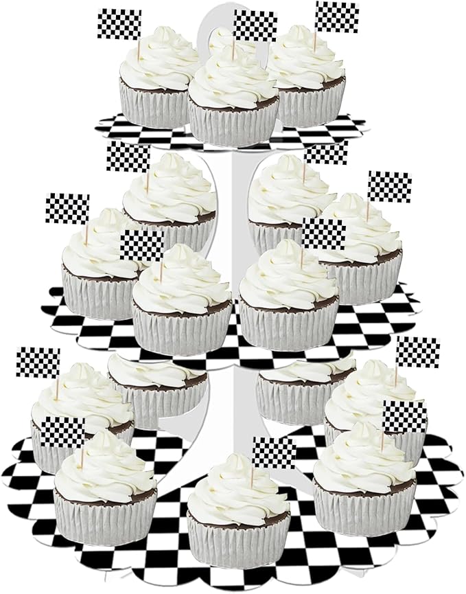 3-Tier Racing Theme Cupcake Stand,Cars Theme Decoration,Black White Checkered Design,Car Theme Dessert Stand for Race Car Birthday Party Decorations (1-Pack)