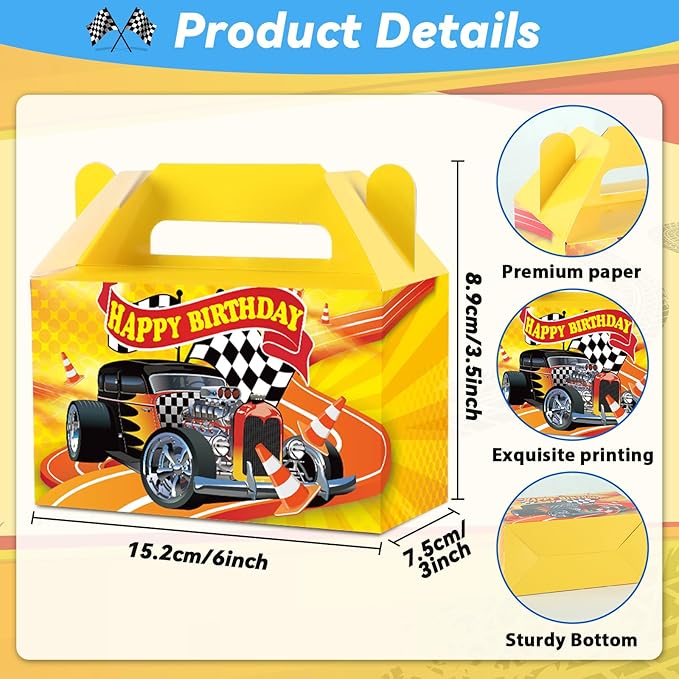 24Pcs Hot Car Happy Birthday Party Decoration Race Car Party Treat Boxes Supplies Wheels Wild Goodie Gift Boxes Racing Theme Checkered Flag Decors for Kids Boys Birthday Baby Shower Game Favors