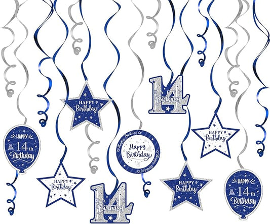 Happy 14th Birthday Blue & Silver Glitter Swirls Streamers Party Decorations - 15 Pcs 14th Birthday Hanging Swirls Streamers Kit,Cheers to Fourteen Years Old Bday Party Sign.
