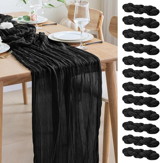 Asee'm 12pcs Cheesecloth Table Runner 120 Inches Long Black Boho Gauze Cheese Cloth Runner 10FT Rustic Sheer Table Runners for Christmas Wedding Party Baby Shower Spring Easter Decoration