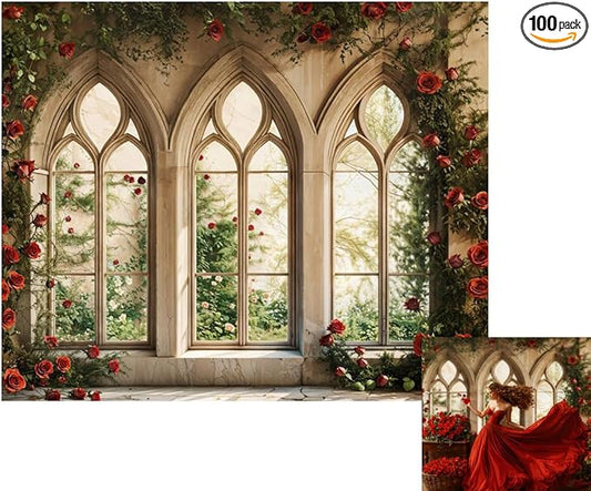 Kate 10x8ft Gothic Window Red Rose Backdrop Vintage Floral Castle Arched Window Photo Background for Wedding Bridal Shower Birthday Party Photoshoot Decor