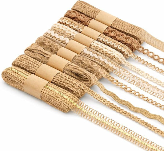 KINGLAKE 9 Rolls Burlap Lace Ribbon - Natural Jute Ribbon Boho Ribbons Rustic Ribbons for DIY Crafts Gift Wrapping Party Wedding Decorations and Sewing
