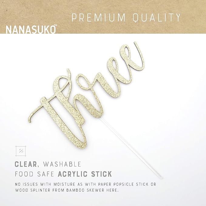 3rd Birthday Cake Topper - Three - Double Sided Gold Glitter - Premium Quality Made in USA