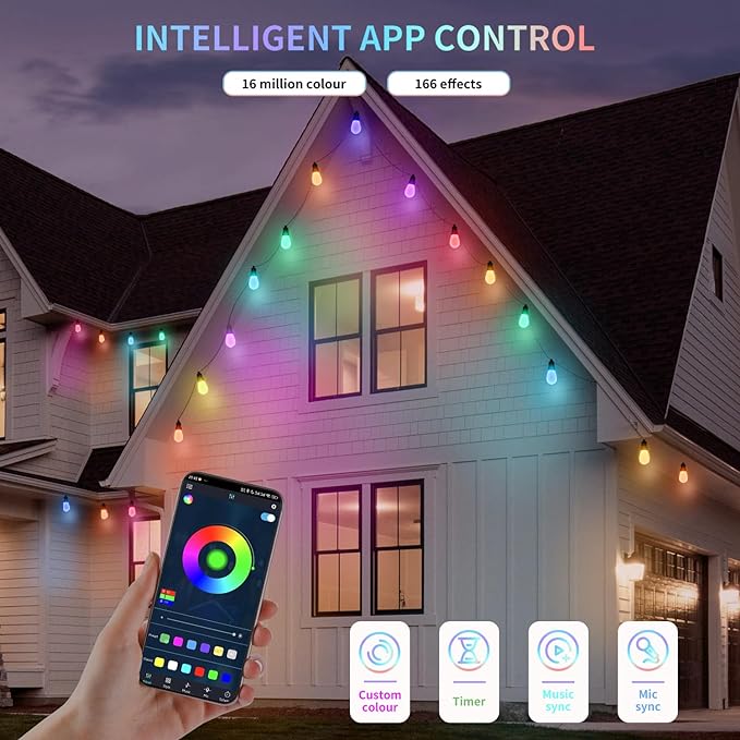 CAWWS Outdoor String Lights 27FT, Outdoor Lights for Patio with 10 Dimmable RGBW LED Bulbs, IP66 Waterproof Shatterproof, with APP Control & Remote, 24V Adapter Color Change,for Backyard Décor