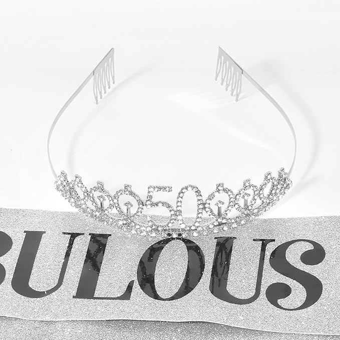 50th Birthday Sash and Tiara for Women, 50 & Fabulous Birthday Sash and Crown, Happy 50th Birthday Gifts for Queen Woman Party Favors Supplies and Decorations, Silver