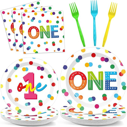 CHUNNIN 96pcs Rainbow 1st Birthday Plates and Napkins Confetti Happy Birthday Party Decorations with Polka Dot Confetti Dessert Plates Colorful 1st Tableware for 24 Guests 1 Year Old Party Supplies
