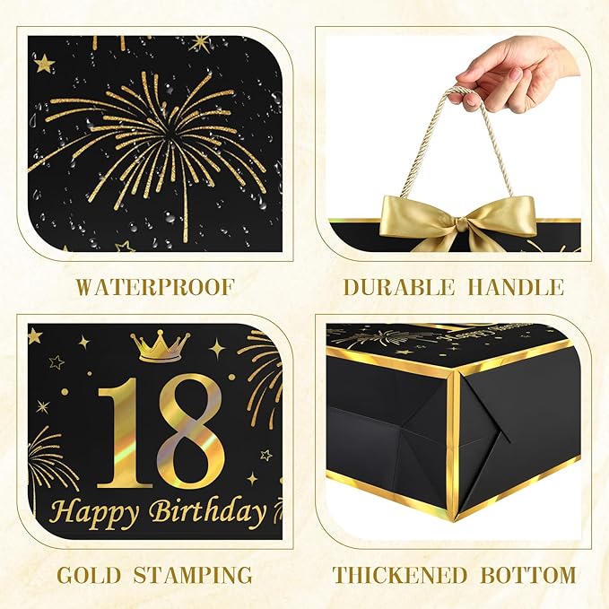 JMANNI Black Gold 18th Birthday Gift Bag with Card and Tissue Paper, 12.6"×9.84"×3.9" Elegant Present Bag for Adults, 18 Year Old Birthday Keepsake Party Supplies