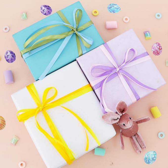 TONIFUL 6 Rolls Easter Satin Ribbon 3/8 Inch Assorted Solid Colors Pastel Ribbons for Gift Wrapping, Flower Bouquet, Hair Bows, Wreath Decor, Baby Showe Birthday Easter Party Decor (25 Yards/Roll)