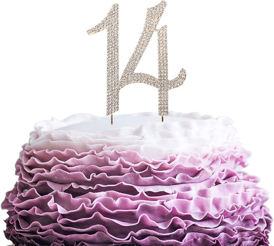 LINGPAR 14 Years Birthday Cake Topper - New Best Crystal Rhinestone 14th Wedding Anniversary Or 14 Years Old Cake Topper Party Decoration Gold